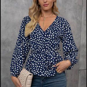 Navy Raglan Sleeve Belted Peplum Top Sz 8/10